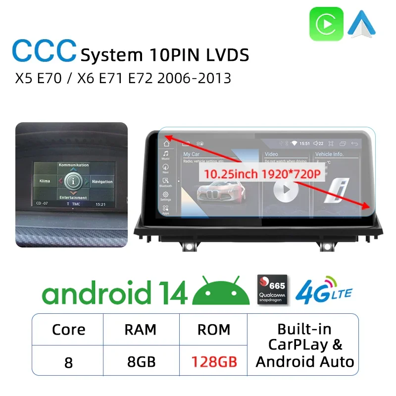 

Новый ID8 Qualcomm 8 + 256 ГБ Android 14 авто радио для BMW X5 E70 X6 E71 2006-2013 беспроводной Carplay GPS мультимедийный плеер стерео DSP