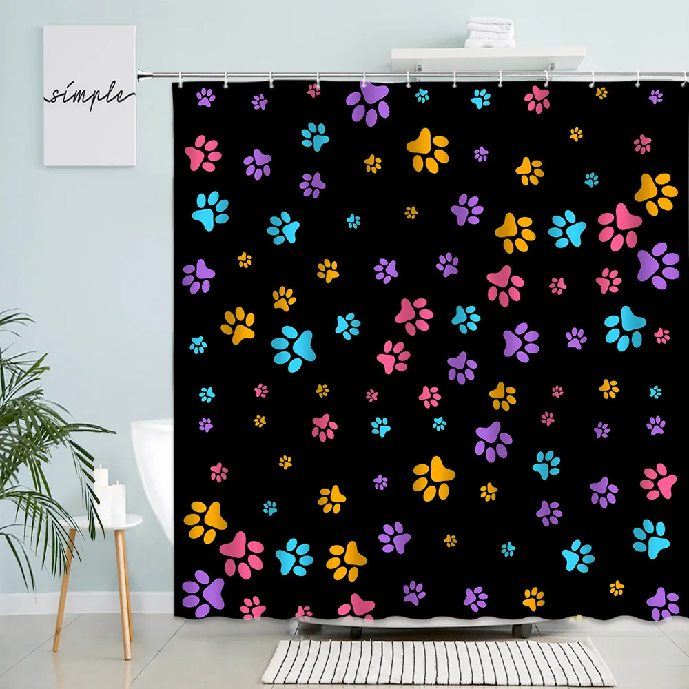 

Cute Animal Footprints Shower Curtains Colorful Cartoon Pattern Kids Bath Curtain Set Modern Cloth Children Bathroom Decor Hooks