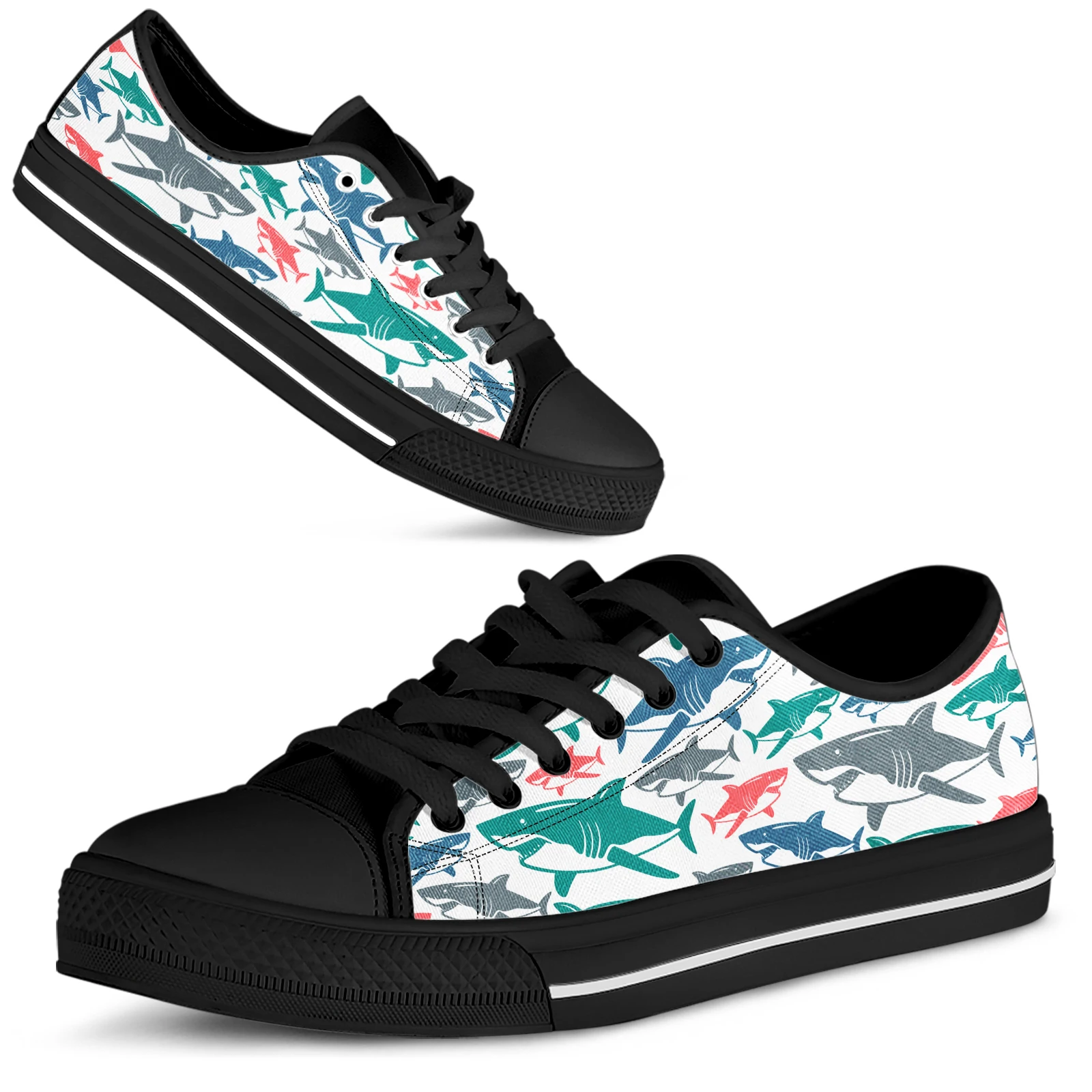 

ELVISWORDS Cool Cartoon Shark Print Lightweight Outdoor Shoes Low Top Ladies Vulcanized Shoes Flats Zapatos Planos De Mujer