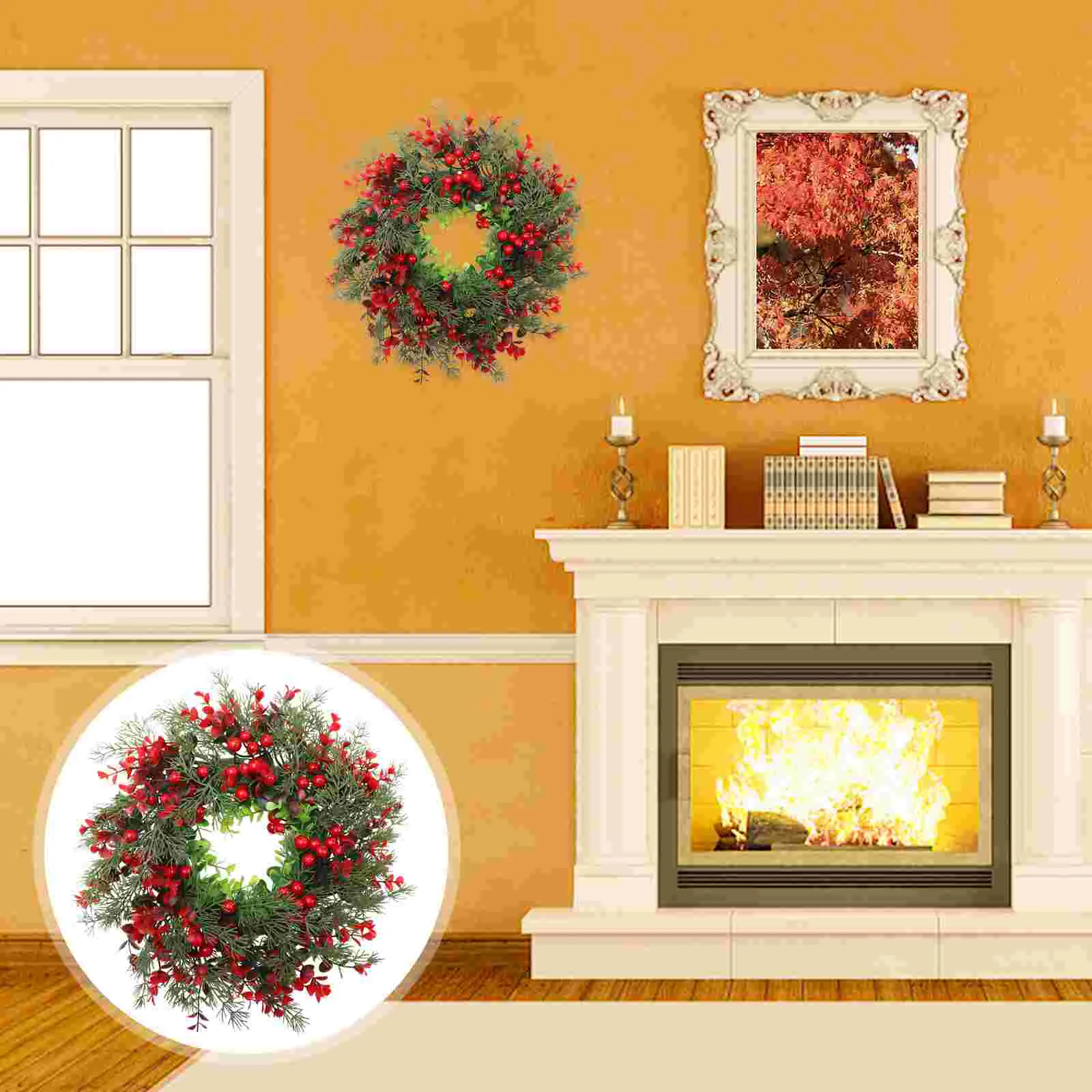

Artifcial Christmas Red Berry Wreath: Winter Twig Wreath Holiday Front Door Wreath Xmas Pine Wreath for Fireplace Window Wall