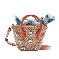 2022 new summer water grass diamond inlaid single shoulder bag mini woven straw woven bag portable messenger bag open pocket