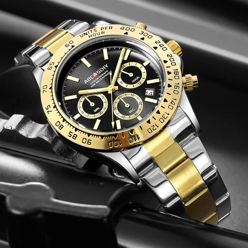 Модные золотые часы с ночным светом и календарем кварцевые для мужчин элитные