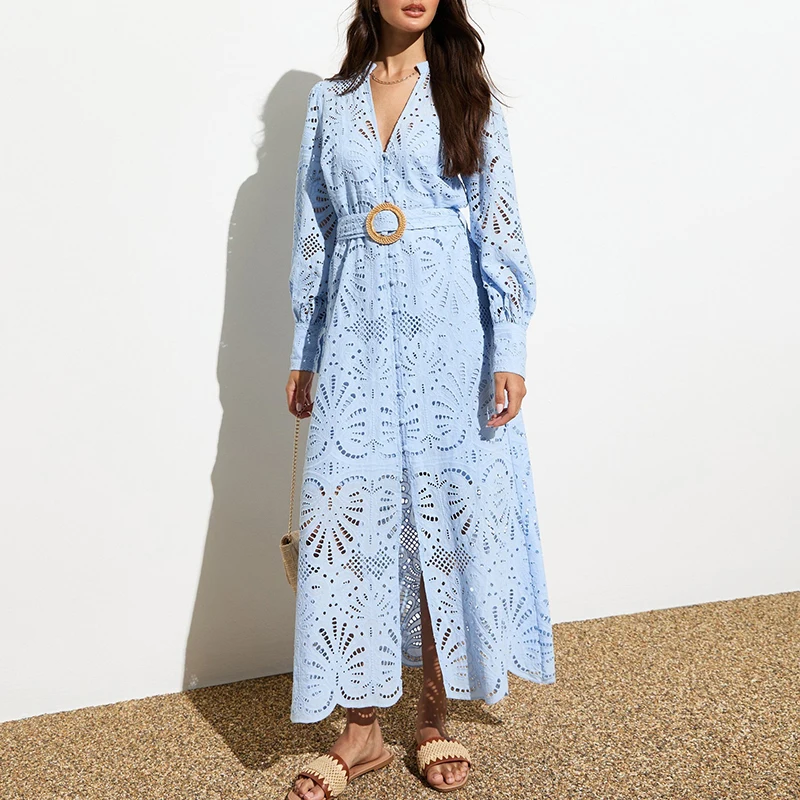 Женское кружевное жаккардовое платье весеннее длинное платье-кардиган с