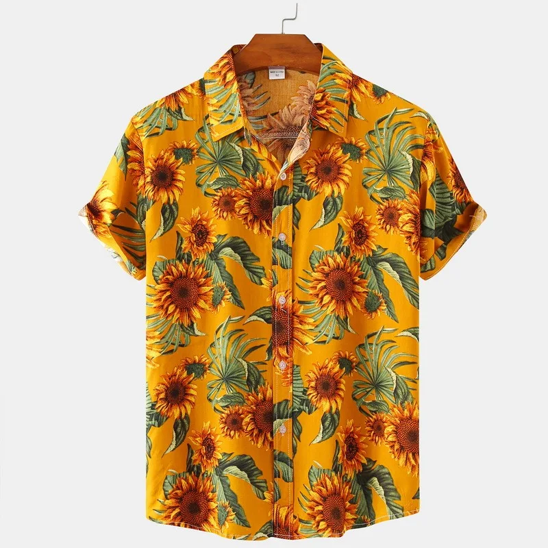2022 Summer New Men's Hawaiian Sunflower Print Shirts Fashion Beach Shirts Holiday Tops Party Clothing