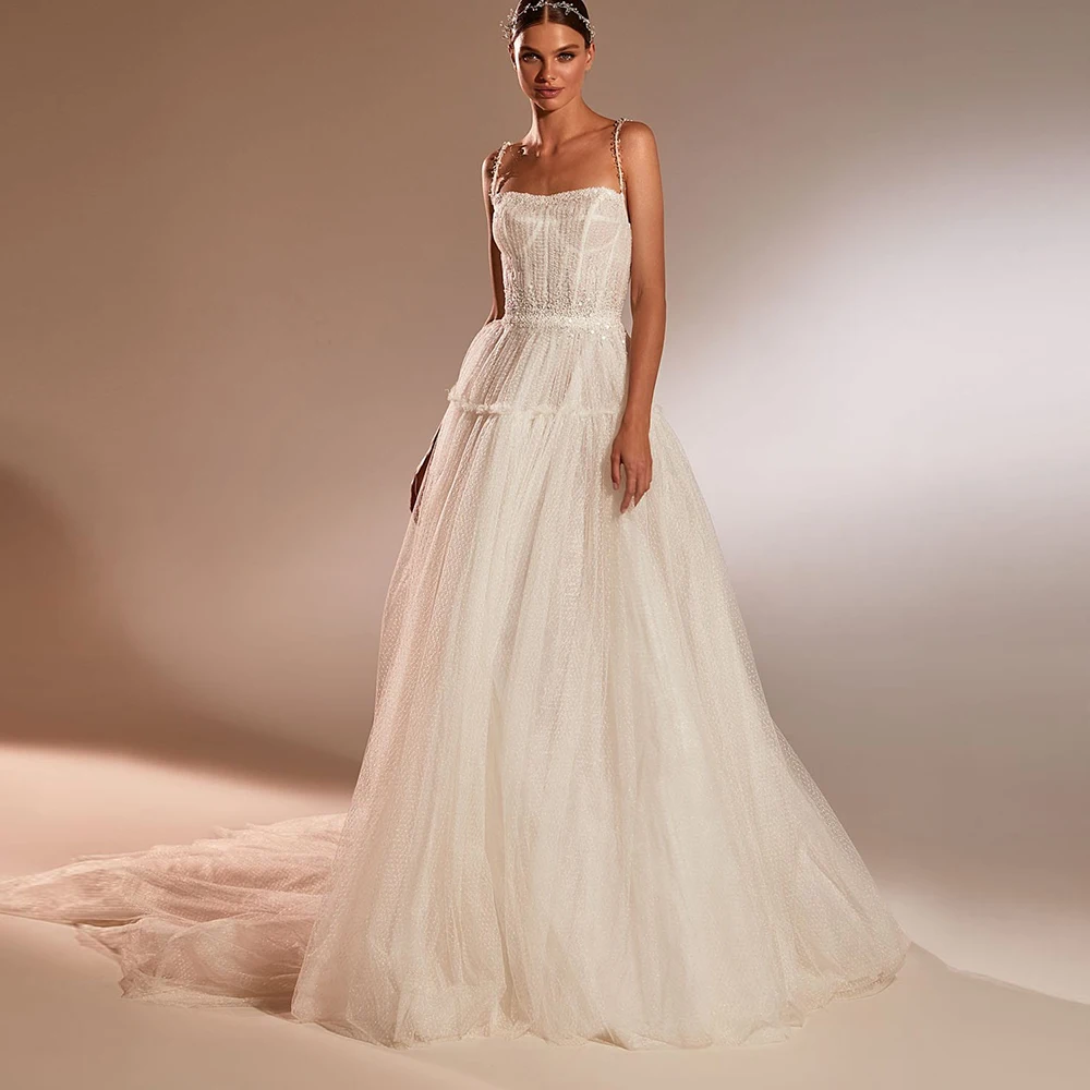 

Spaghetti Straps Bridal Dresses 2022 Sleeveless Zipper Boho Wedding Gowns Tulle Sequined Floor-Length A-Line Vestido De Noiva