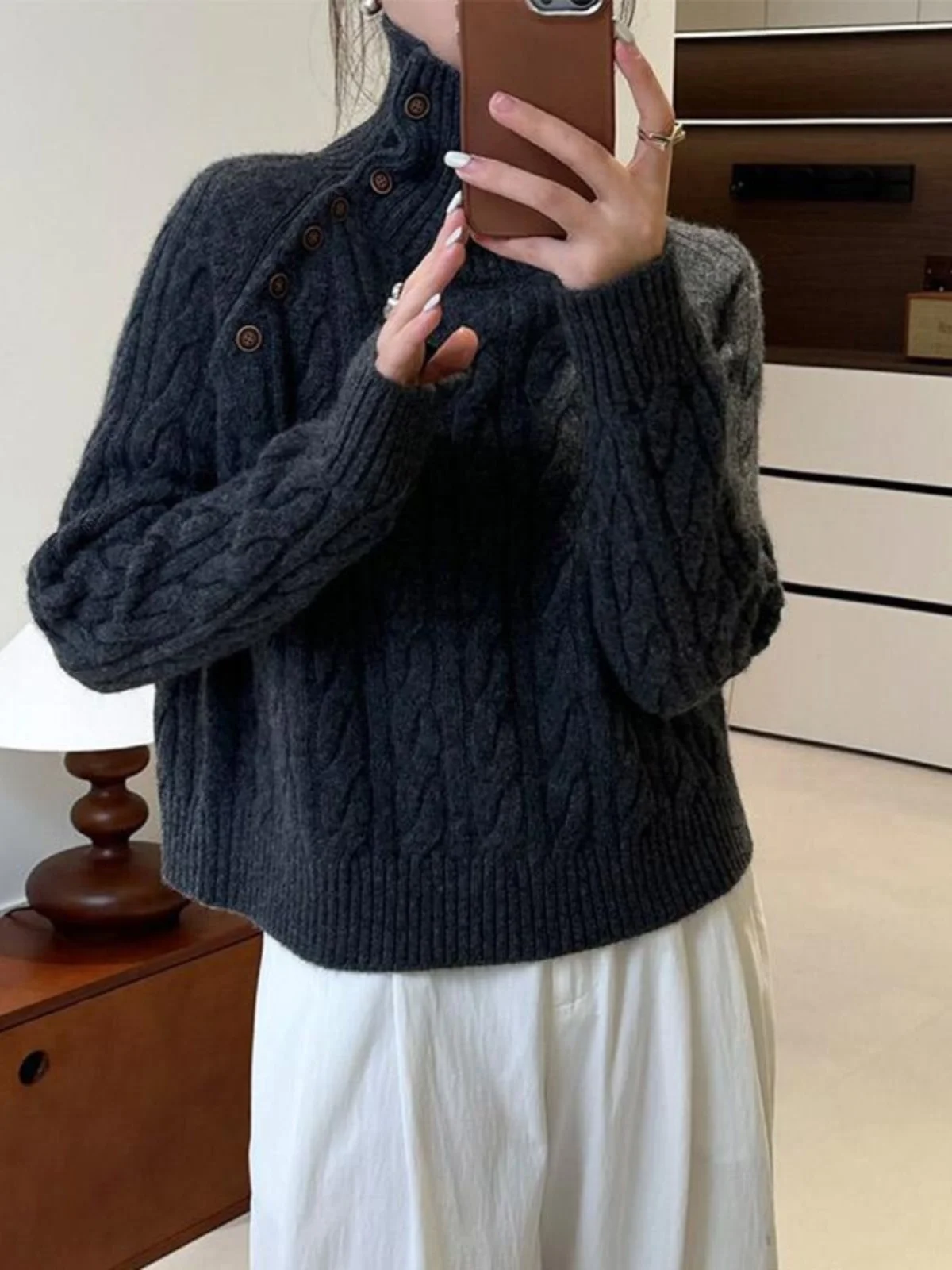 Утолщенный шерстяной свитер с косой открытой пряжкой маленькая водолазка в