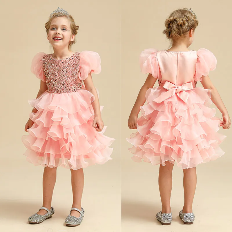 

Pink Sequined Birthday Party Dress For Girls Cute Girl Summer Short Sleeve Fluffy Layered Clothes Kids Evening Gala Tutu Costume