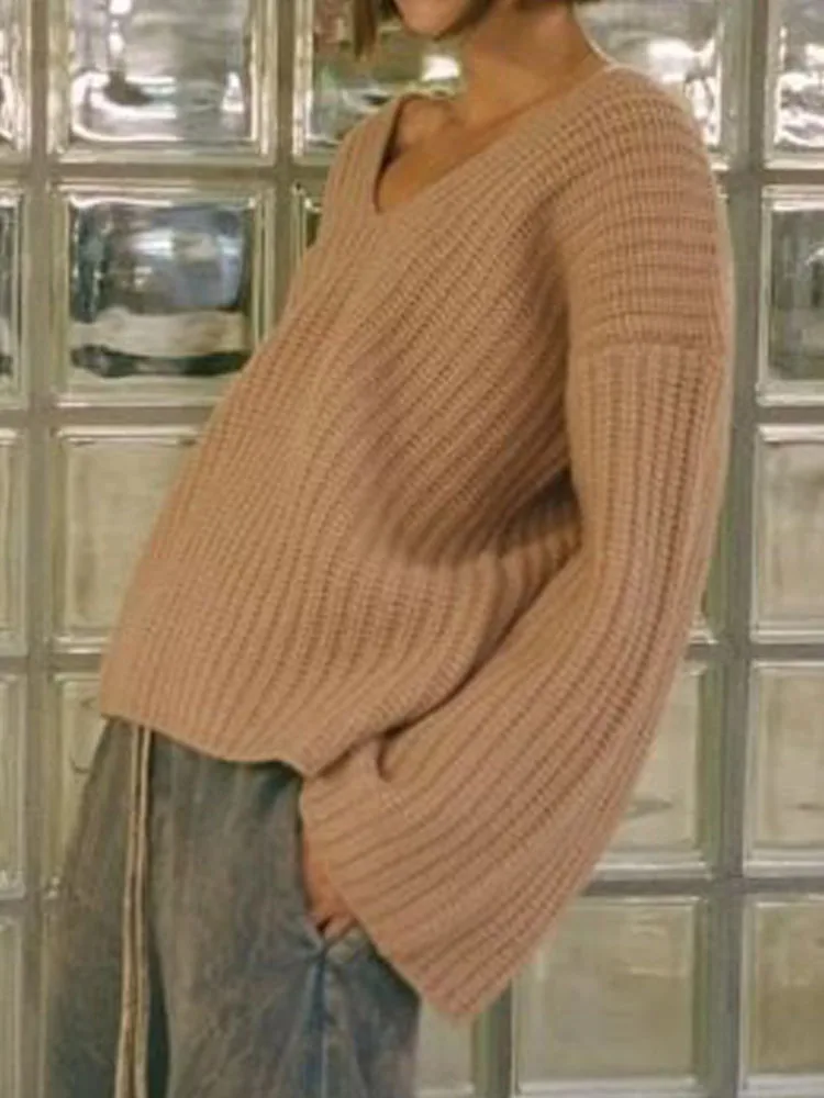 

Женский вязаный пуловер с V-образным вырезом и длинными рукавами