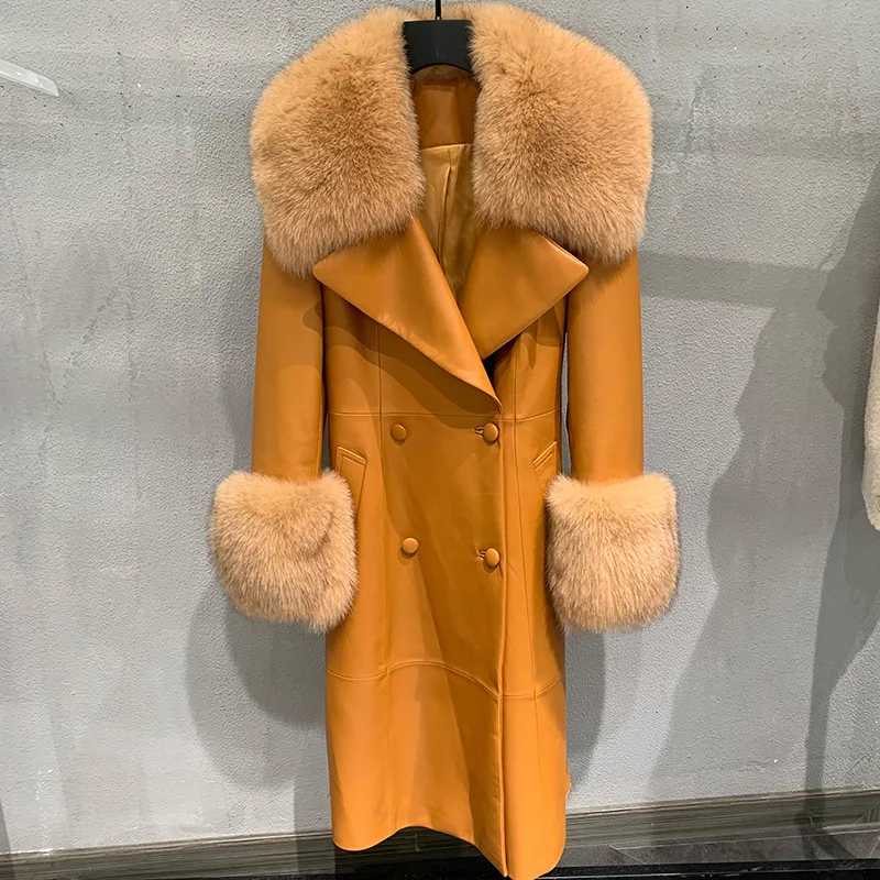 Women Genuine Sheepskin Leather Coat 2022 Winter Fox Fur Collar Cuff Luxury Windproof Belt Overcoat Long Trench Coats GT5078B