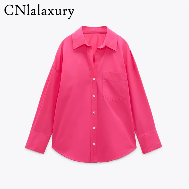 

Летняя новая женская рубашка CNlalaxury 2022, розово-красная рубашка с длинными рукавами, однотонная блузка на пуговицах, Женский шикарный топ с ка...