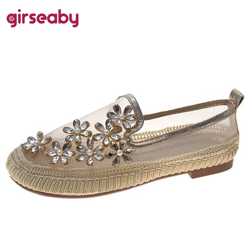 

Girseaby Women Flats Fisherman Shoes Round Toe Slip-on Rhinestone Breathable Mesh Size 35-40 Concise Silver Casual Spring S3505