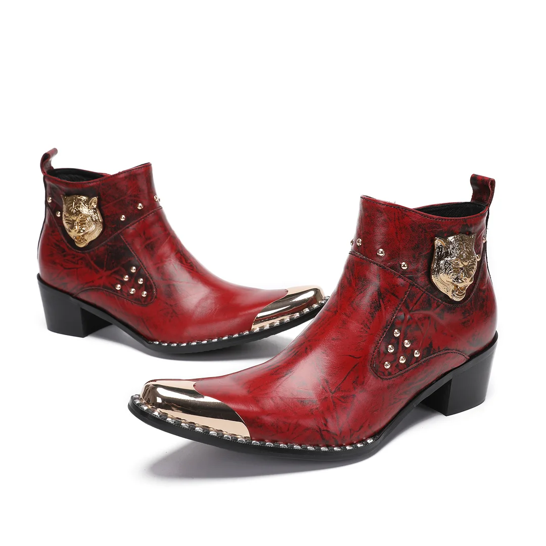 Красные мужские туфли ручной работы с металлическим острым носком для банкетов