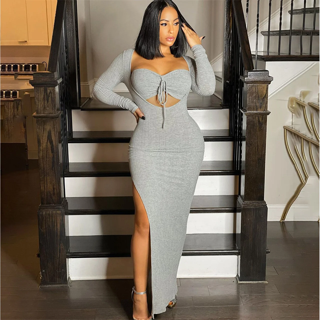 

2022 New Women's Long Dress Autumn New Sexy Strapless Long Sleeve One Sided Split Dress Long Sleeve Hollow Out Dress Party Style