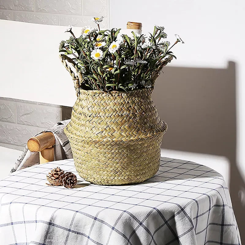 

2022Natural Seagrass Wicker Handmade Woven Basket Household Foldable Storage Flower Pot Dirty Laundry Basket For Home Garden Dec