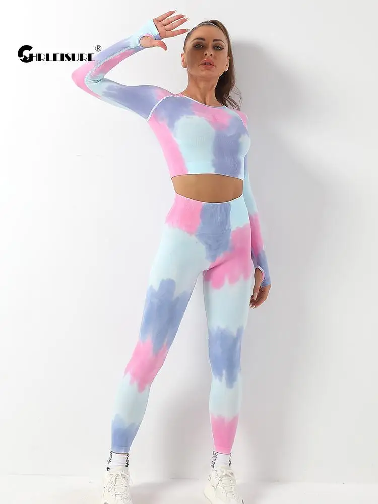 

CHRLEISURE 2/4 Pcs Tie-Dye Sports Suit Women Seamless Yoga Set Gym Workout Sportswear Push Up Leggings Shorts Women Clothing