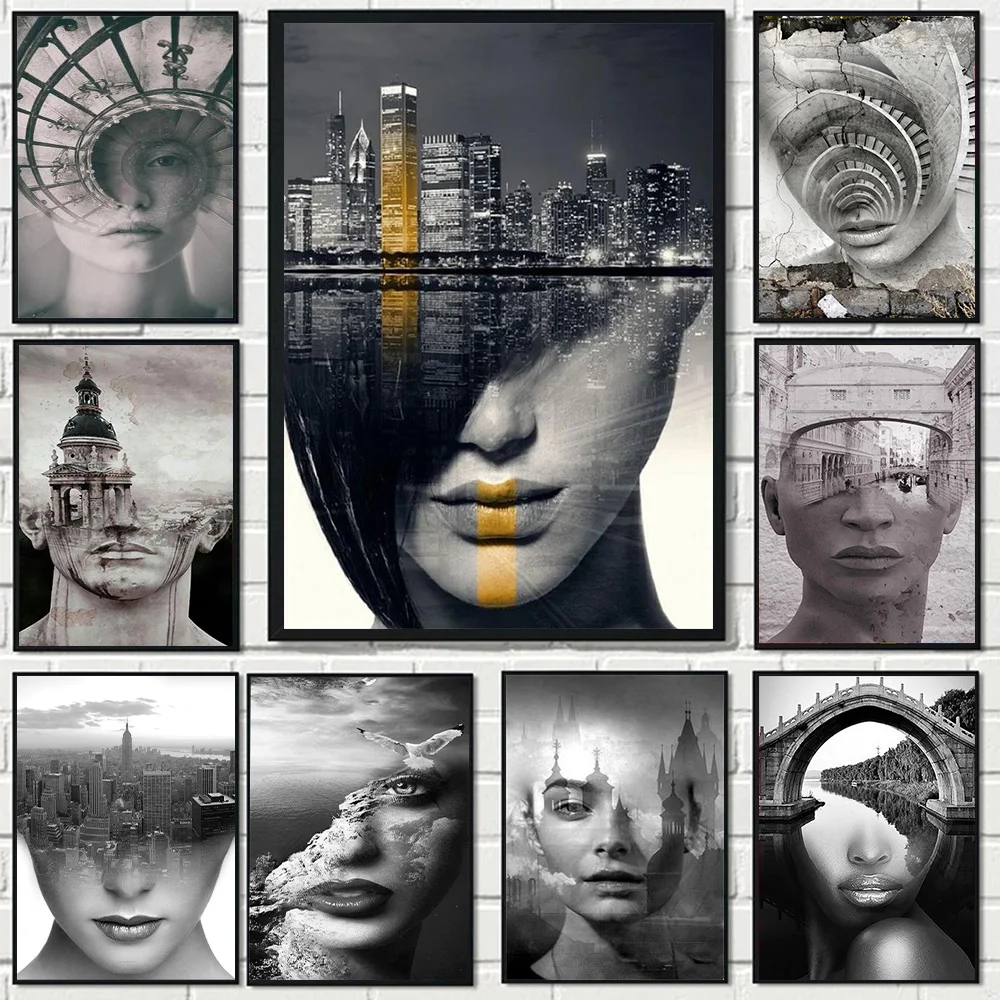 

Surreal Abstract Human Faces With Nature And Architecture Poster Prints For Living Room Dreamy Portrait Canvas Painting Wall Art