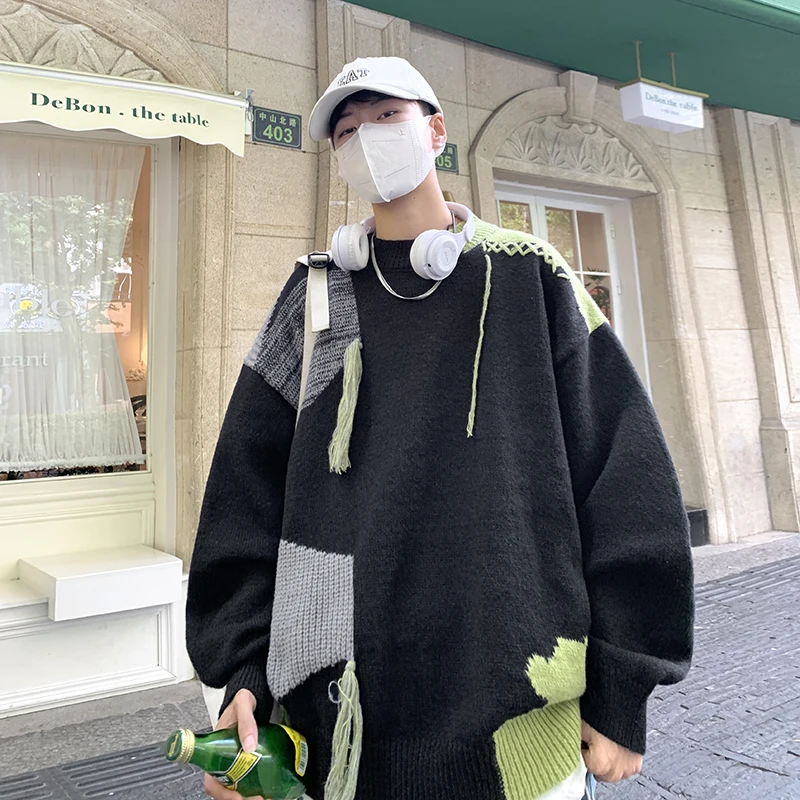Autumn and Winter O-Neck Knit Sweater for Men Cow Patchwork Pullover Men Knitwear Loose Casual New Mens Oversized Sweater A33