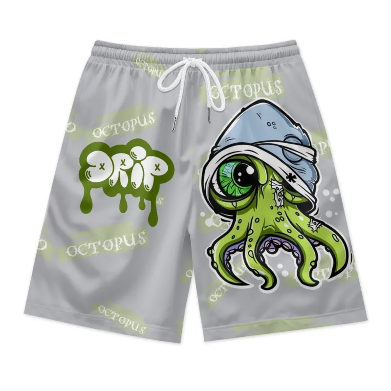 Одноглазные мужские шорты с принтом осьминога завязкой на талии серые