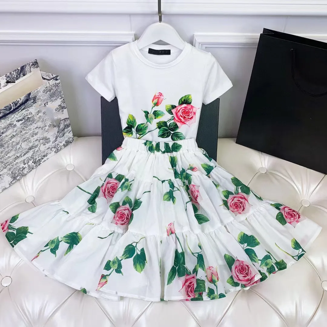 

2022 Summer Style Flower Printed T shirt +Skirt Fahion Girls Teenage Clothing set 3 4 6 8 10 12Y