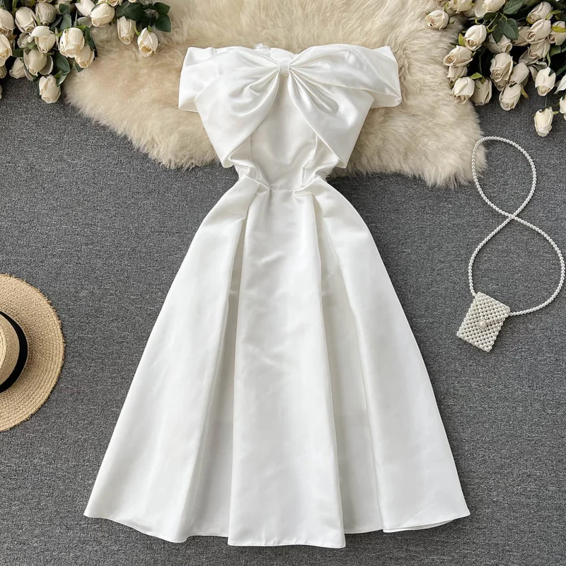 

FTLZZ New Summer Sexy Women Strapless Backless Dress Elegant Female Bow Sash Tie Up Dress Holiday Party White Dress