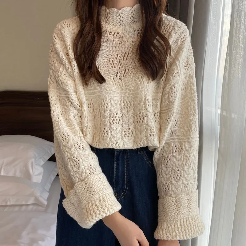 

Осень-зима 2021, Женские однотонные вязаные пуловеры, свитер, женские повседневные свободные пуловеры с круглым вырезом и длинным рукавом, То...