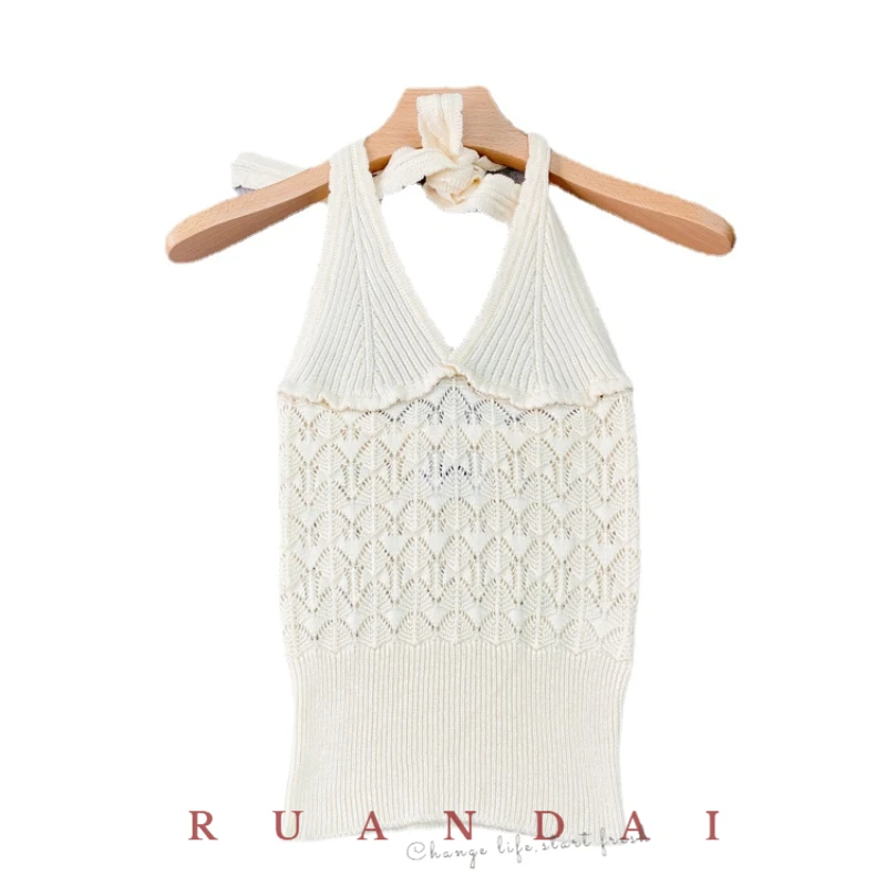

Cotton 100% Sleeveless Camisole for RUANDAI 2022 Summer New French V-neck Wisps Slim Knitted Hanging Neck Tank Tops Women