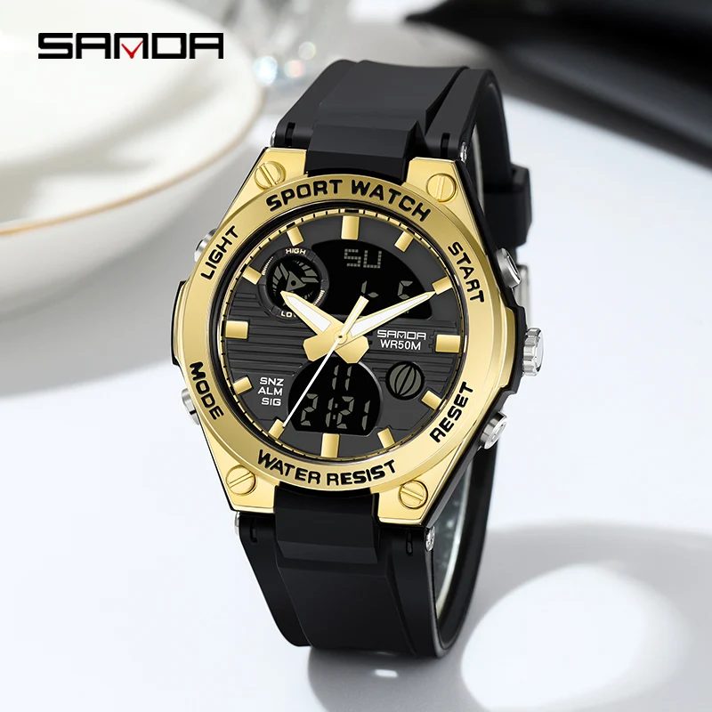 SANDA Women Luminous LED Dual Display Sports Electronic Watch Watch 50M Waterproof Wear Resistant Fashion Gold Plated Case 6067