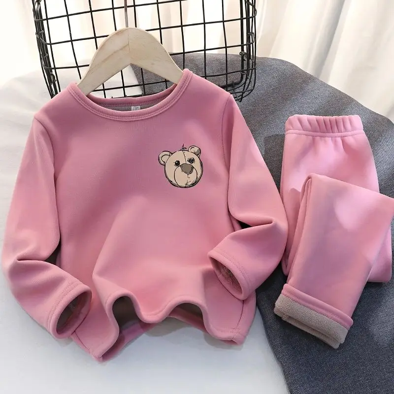 Children's Warm Pajamas Boys' Plus Velvet Padded Suit Girls' Winter Wear Bottoming Pants