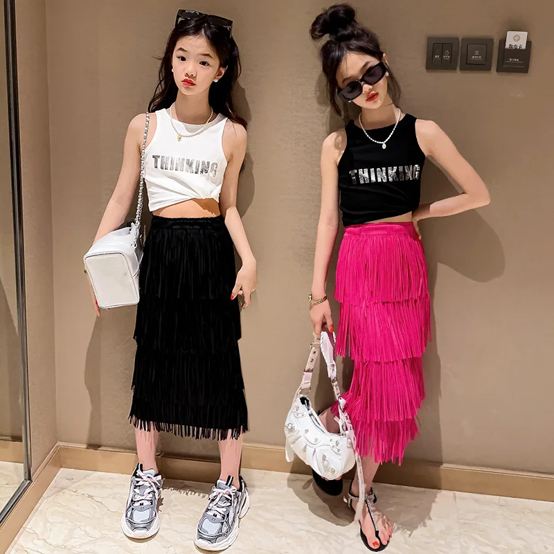 

Girls skirt summer 2023 tassel children cake layered tutu skirt princess mid calf kids clothes pleated fringe 4 to 16 yrs