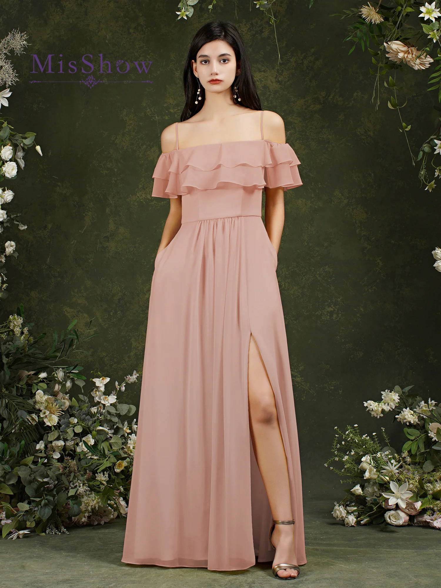 2022 New Dusty Rose Chiffon Bridesmaid Dresses Pockets A-line Shoulder Ruffle Split Side Formal Maid of Honor Dress For Wedding