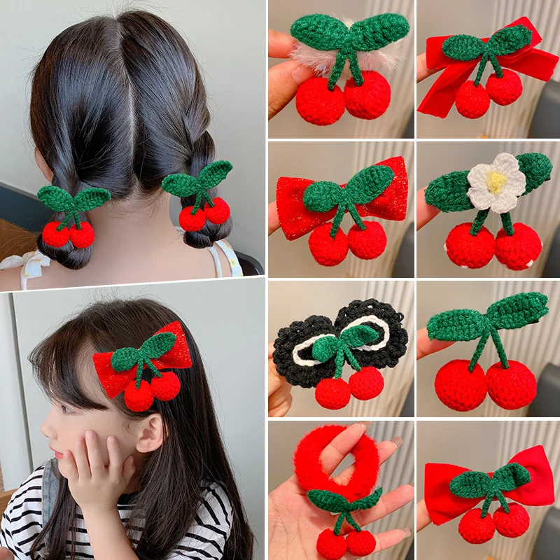 

New Children Red Cherry Headdress Hair Clip Hairband Girls Cute Princess Hair Rope Clip Handwoven Woolen Hair Accessories