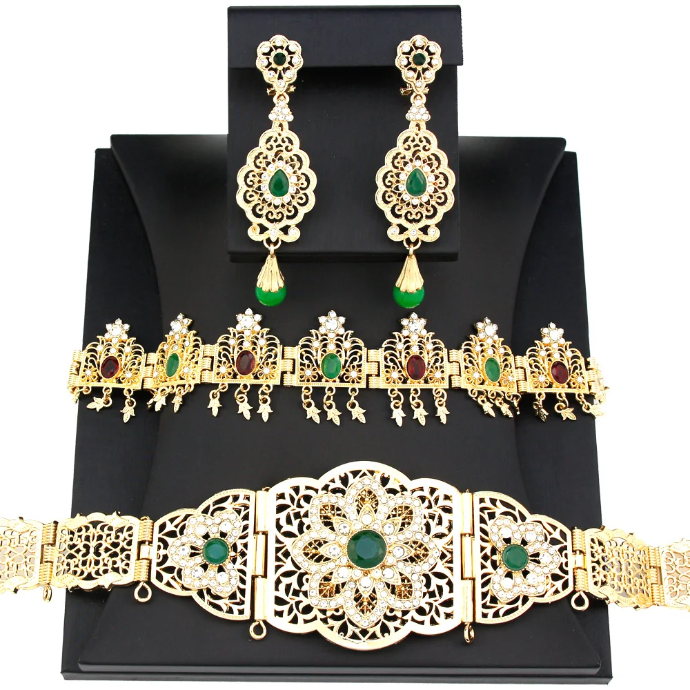 

Sunspicems Arabic Morocco Bride Wedding Jewelry Sets 18K Gold Color Caftan Belt Algeria Head Chain Hairband Long Drop Earring