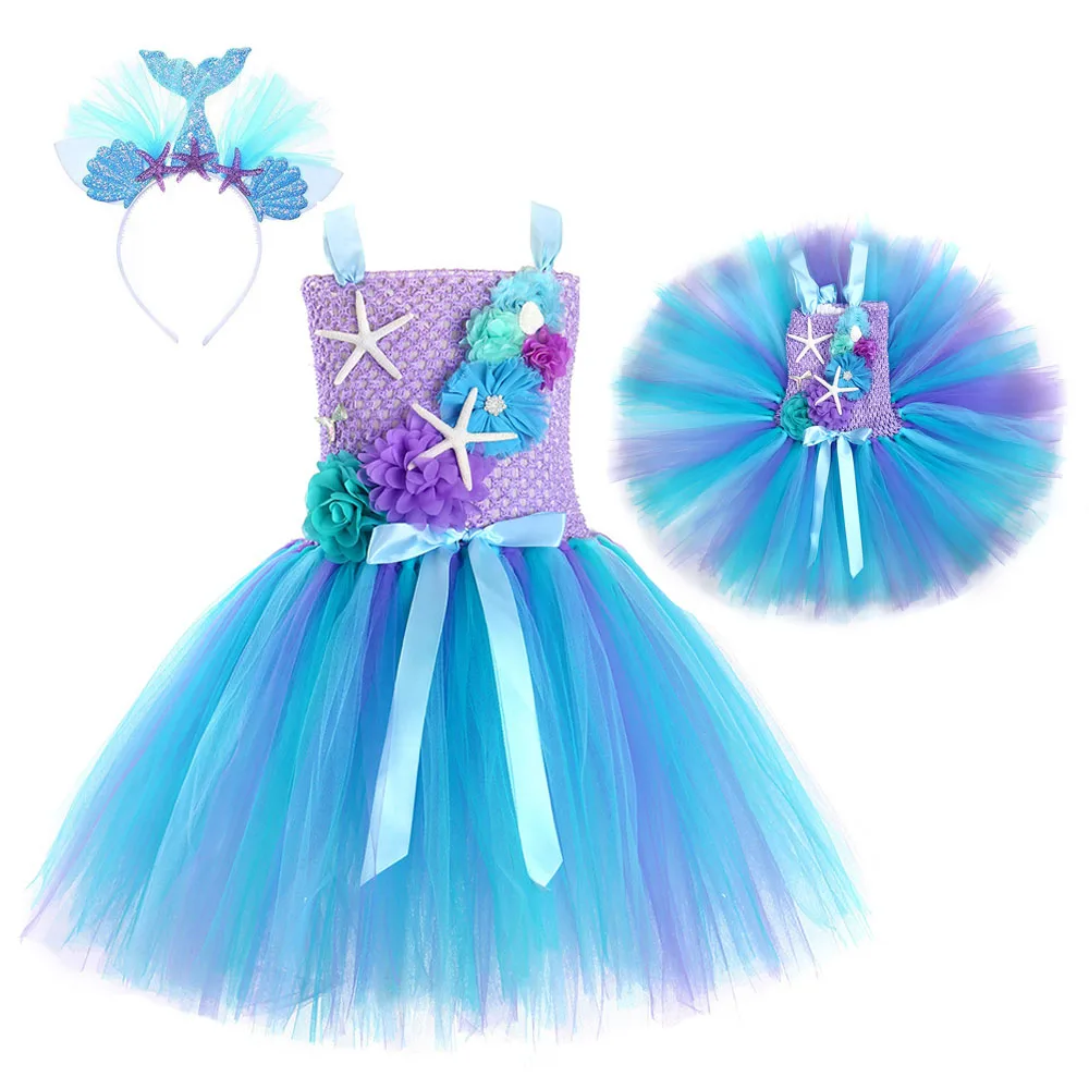 

Fairy Mermaid Tale Summer Beach Ocean Skirt Starfish Tutu Flower Mermaid Ariel Princess Festival Fluffy dresses Headgear Free