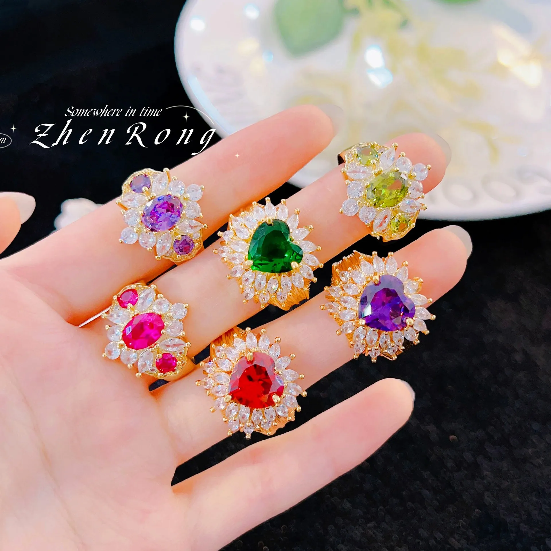 

2023 New Trend Cute Exquisite Purple/Green Multicolor Crystal Zircon Rings For Women Fashion Gold Color Medieval Style Jewelry