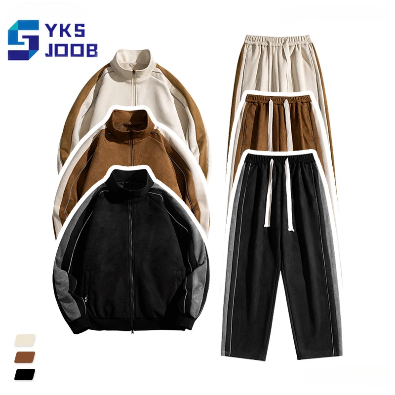 

Suede Casual Mens Suits Patchwork Stripe Loose Fashion Jacket+Pants 2 Pieces Sets Sports Unisex Couple Tracksuit Vetements Homme