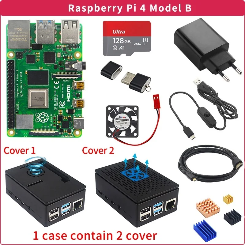 2022.Raspberry Pi 4 8GB 4GB 2GB Kit + Power Adapter + ABS Case + 32G 64G 128G Card + Reader + Heat Sink for Raspberry Pi 4