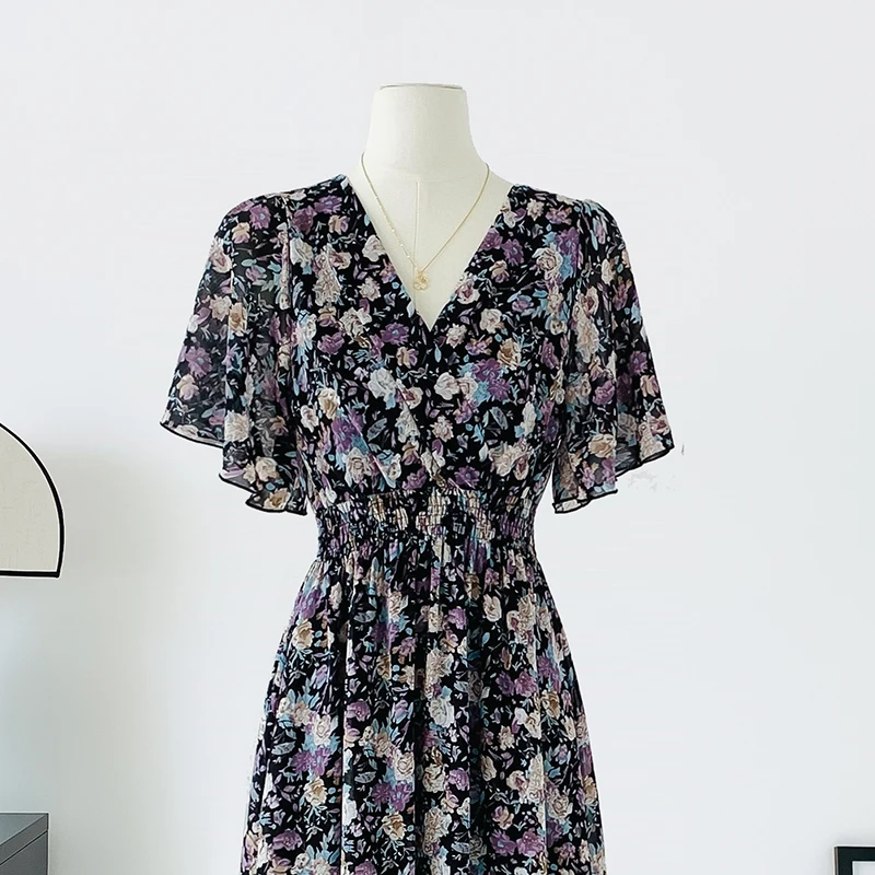 Женское шифоновое платье-трапеция с цветочным принтом V-образным вырезом и