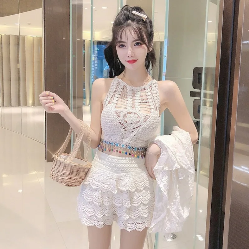 

Korea Style Three Piece Swimsuit 2023 New Fashion Women's Small Fresh Backless Conservative Swimwear Holiday Beachwear