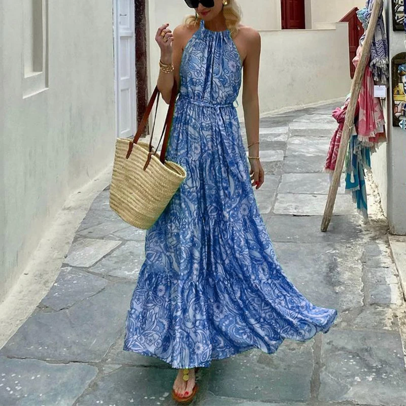 

Женское винтажное вечернее платье с открытыми плечами, длинное ажурное платье макси без рукавов с цветочным принтом в стиле бохо, весна-лет...