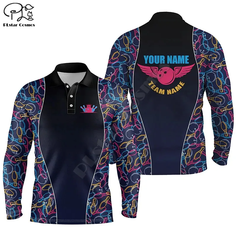 

Custom Bowling pattern polo Shirts For Men Personalized Bowling Team Jerseys 3D Printed Long sleeved Polo Shirts
