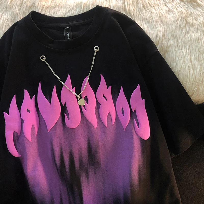 

Ожерелье с надписью «Flame Love», футболка с коротким рукавом для мужчин и женщин, новинка 2022, свободный дизайн, нишевые Топы Ins, брендовые топы дл...