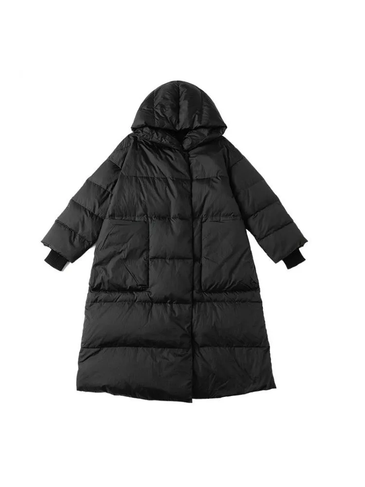 European Style 2022 Winter High End Loose Hooded Padded Black Long 90 White Duck Down Coats Women Warm Bread Clothing Jackets