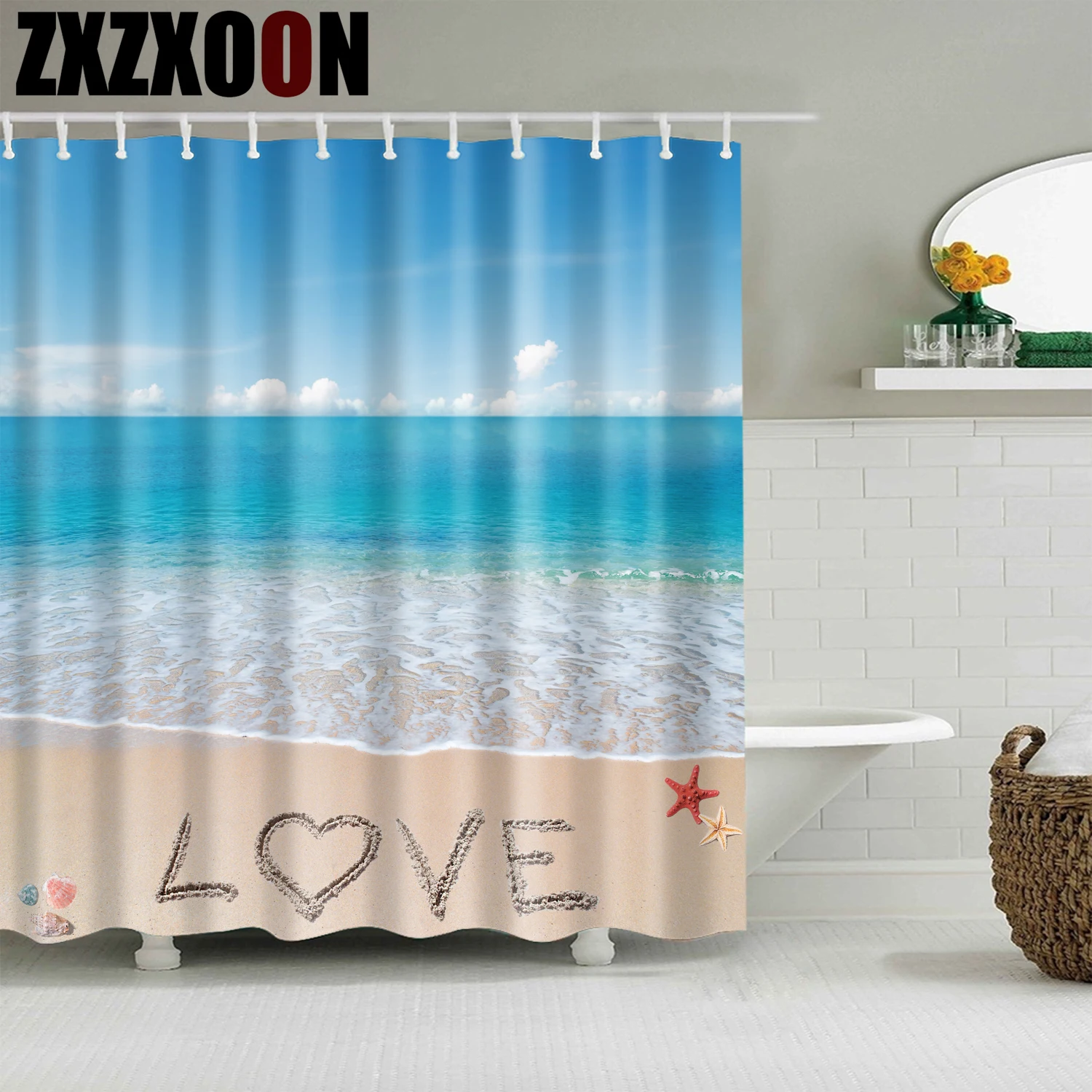 

Natural Scenic Seaside Waves Shell Starfish Bathroom Shower Curtains Bath Curtain Waterproof Polyester Waterproof with Hooks