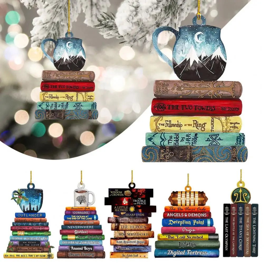 Christmas Pendant with Lanyard Decorative Acrylic Book Lover Hanging Charm Xmas Tree Decoration Car Rearview Mirror Decoration