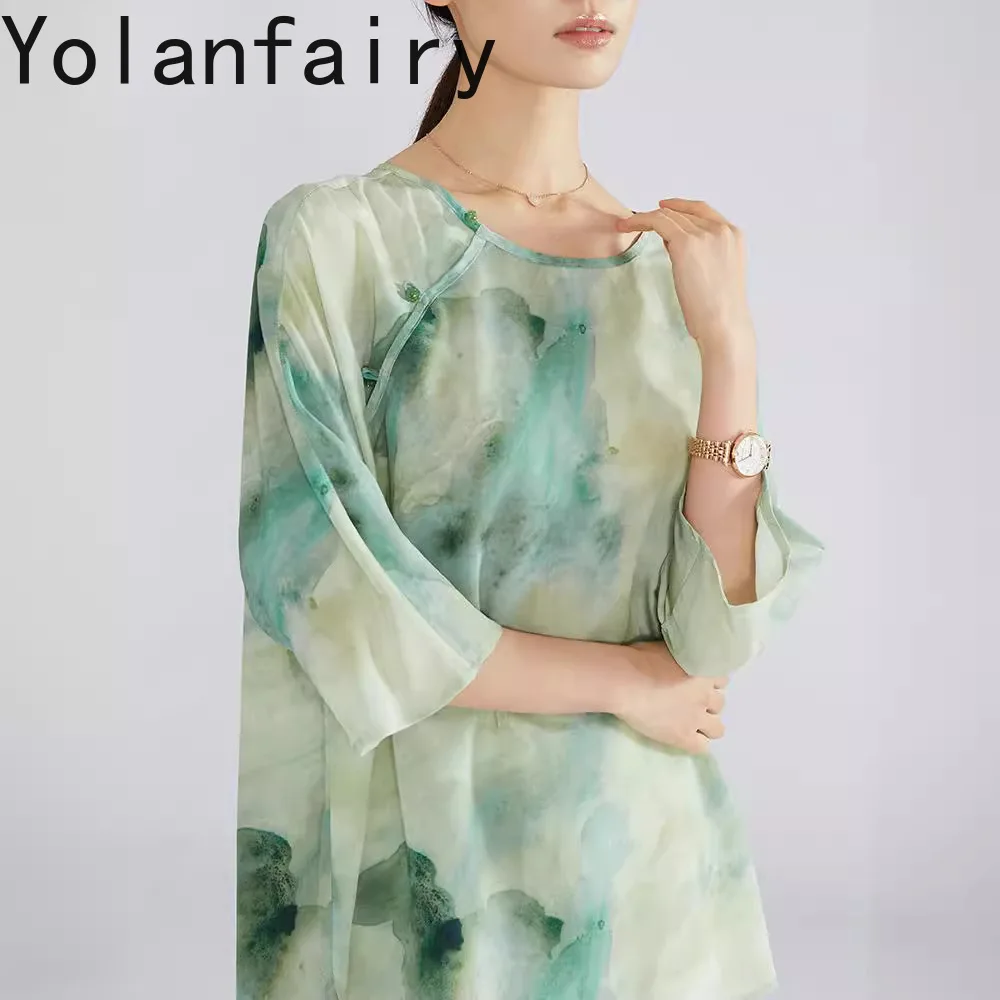 Фото YOLANFAIRY Элегантные женские блузки из 100% шелка креп-де-шин, летние, с принтом «зеленые чернила», футболки-топы №3