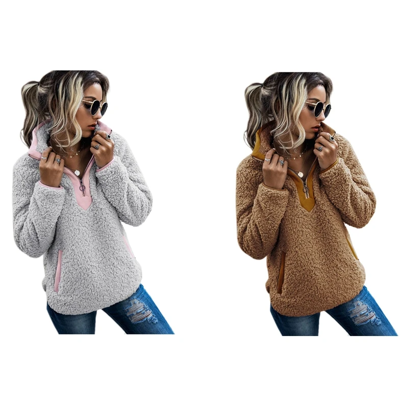 

2 Pcs Teddy Fleece Pullover Half Zipper Sherpa Fleece Tops Female Warm Coat Sweaters, M Size Gray & L Size Camel