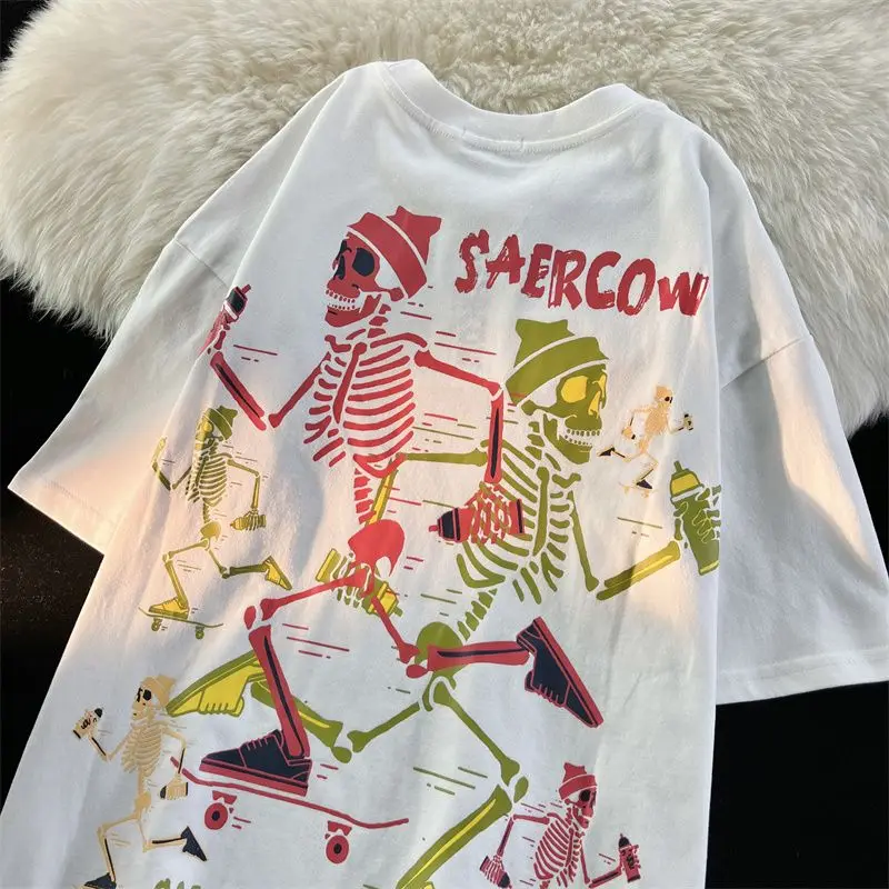 

American Retro Skull Cotton Short Sleeve T-shirt Women's Y2K New Summer Loose Fashion Top Couple Casual Joker Hip Hop Tops Tees