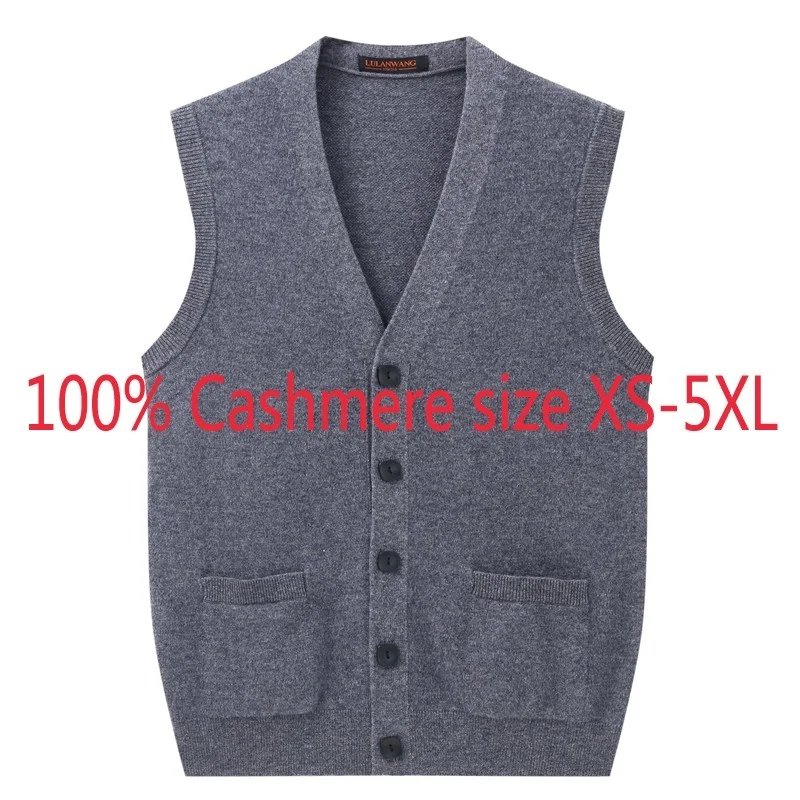 New Fashion Men 100% Cashmere Sweater Single Breasted Casual V-neck Computer Knitted Vest, Sleeveless Thick Plus Size XS-4XL5XL
