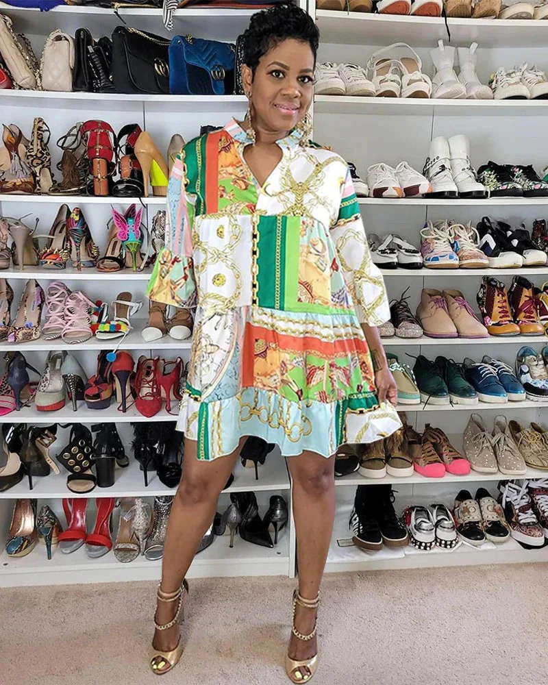 

2022 Summer Women Dress Fashion Trend Half Sleeve Button Stand Collar Print Shirt Dress Office Casual Knee Length Dress Female