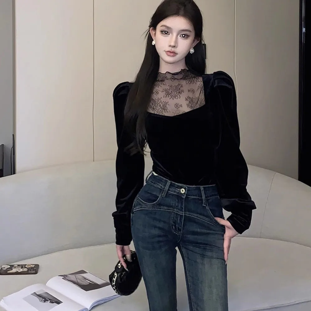 Французская бархатная футболка с рукавами-фонариками модная Популярная женская